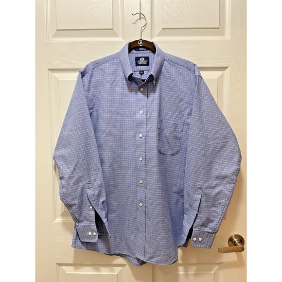Mens Wrinkle Free Oxford Button Down Shirt 16 34/35 Stafford Check Blue USA - Picture 1 of 8